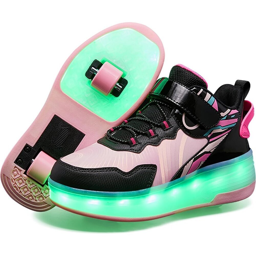 Kids Black-pink Light Modes Boys Led Roller Skates Light Up Sneakers Shoes